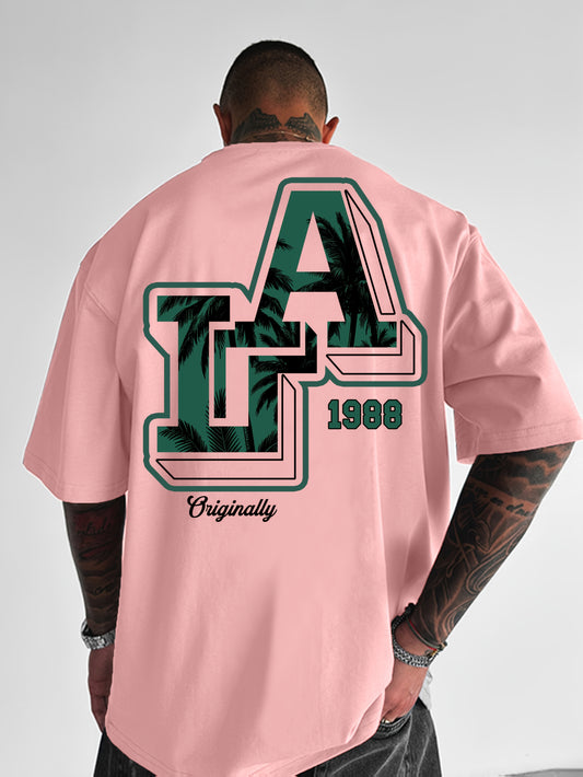 Men'S Casual Y2K LA Graphic T-Shirt - Bold Oversized "LA" Letter Print, Comfortable & Breathable with Slight Stretch, Perfect for Home & Outdoor Activities, Spring/Summer Fashion, Machine Washable, Loose Fit Short Sleeve Crew