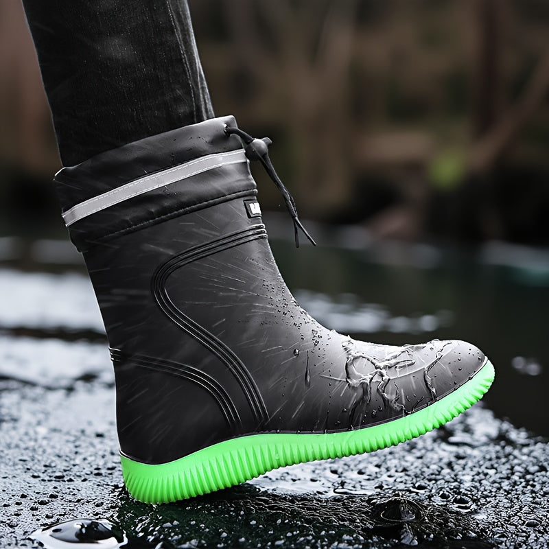 Men'S & Women'S Stylish Black Rain Boots with White Stripes - Waterproof, Slip-On, Round Toe Rain Boots for Outdoor Activities, Camping, and Beach Walking, Outdoor Footwear|Minimalist Design|PVC Upper Boots