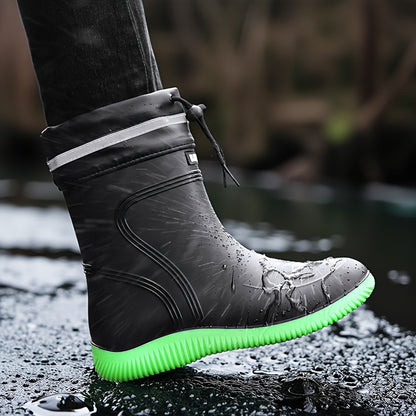 Men'S & Women'S Stylish Black Rain Boots with White Stripes - Waterproof, Slip-On, Round Toe Rain Boots for Outdoor Activities, Camping, and Beach Walking, Outdoor Footwear|Minimalist Design|PVC Upper Boots