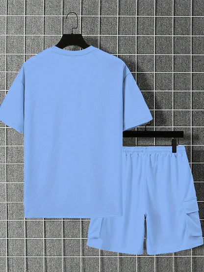 New Loose Fit Breathable Men's Crew Neck Short Sleeve T-Shirt and Workwear Style Multi-Pocket Shorts Set, Summer Casual Sportswear Two-Piece Outfit, Stylish Versatile Top and Pants for Both Men and Women