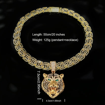 1pc Domineering Green Eyed Tiger Head Shaped Pendant, Paired with a 50.8 cm Rhinestone Cuban Necklace, Suitable for Daily Wear And Gift Giving for Men And Women