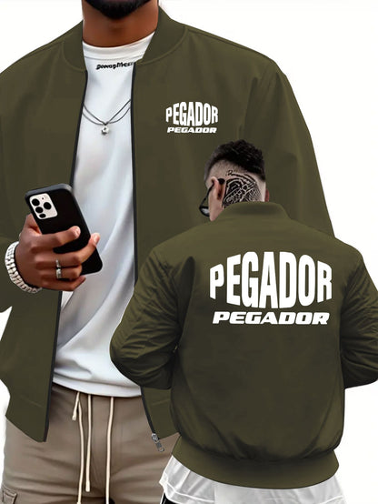 Men's Heavy-Duty Full-Zip Jacket with PEGADOR Back Print - Olive Green Full-Zip Training Coat, Full-Length Zipper Closure, Machine Washable Winter Jacket for Gym, Outdoor & Casual Wear - Athletic Windbreaker for Men, Geometri