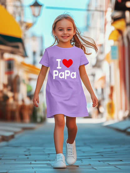 Youngsters' 'I Love Papa' Graphic Dress | Lavender Polyester-Spandex Blend | Breathable & Stretchy Short Sleeve Round Neck | Machine Washable | Casual Summer Outfit for Girls