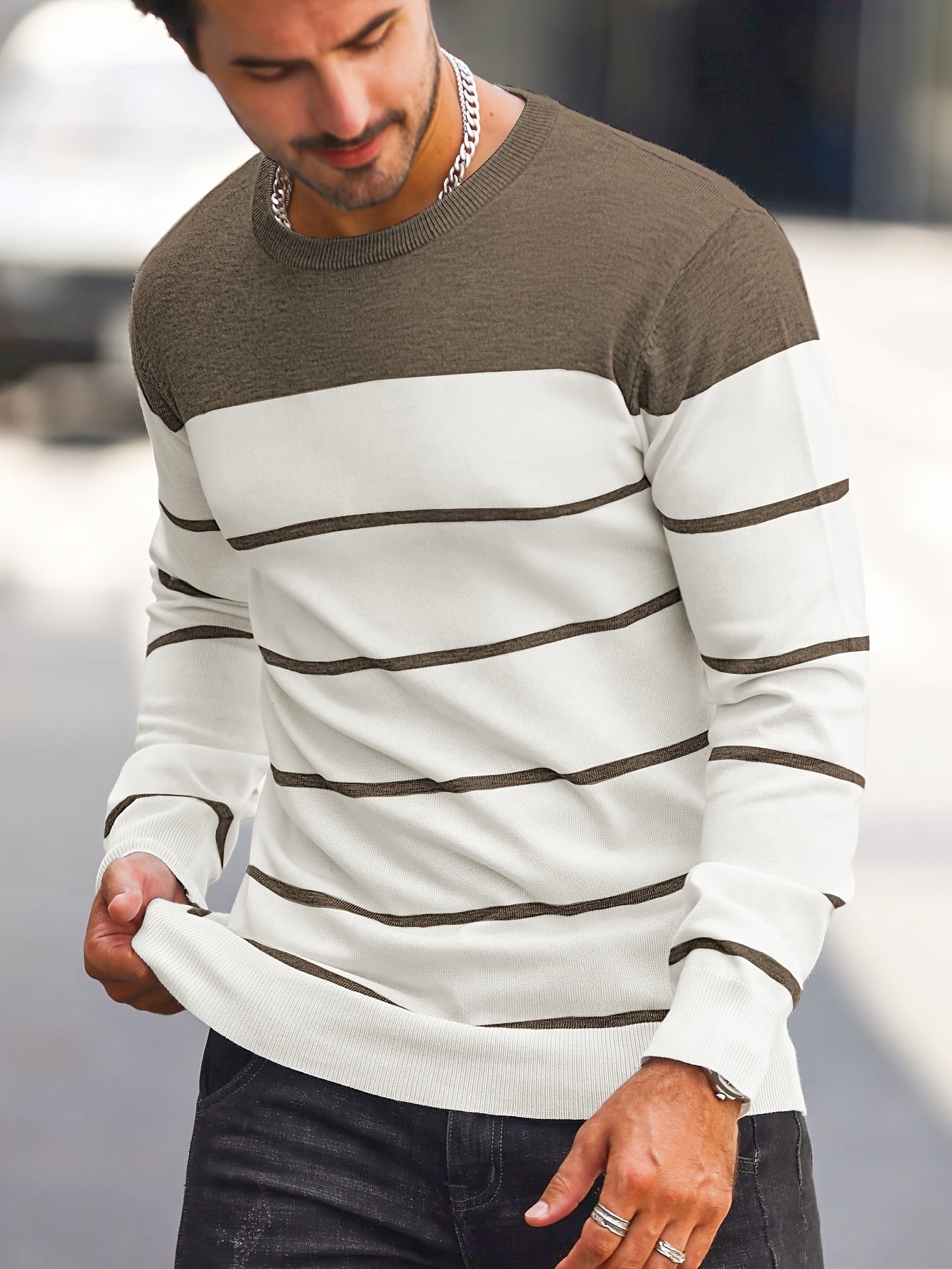 Men's Casual Striped Knit Pullover Sweater - Navy & White Contrast, Regular Fit H-Silhouette, Long Sleeve Crew Neck, Medium Stretch, Machine Washable for Spring & Fall, Mediumstretch Fabric