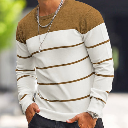 Men's Casual Striped Knit Pullover Sweater - Navy & White Contrast, Regular Fit H-Silhouette, Long Sleeve Crew Neck, Medium Stretch, Machine Washable for Spring & Fall, Mediumstretch Fabric