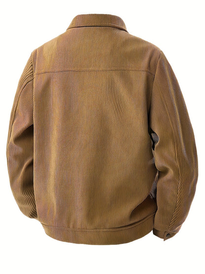 Men'S Plus Size Corduroy Bomber Jacket - Casual Workwear with Snap Buttons, Flap Pockets, and Polyester Lining - Machine Washable, Autumn & Spring Fashion, Casual Outerwear | Casual Jacket | Polyester Lining Jacket