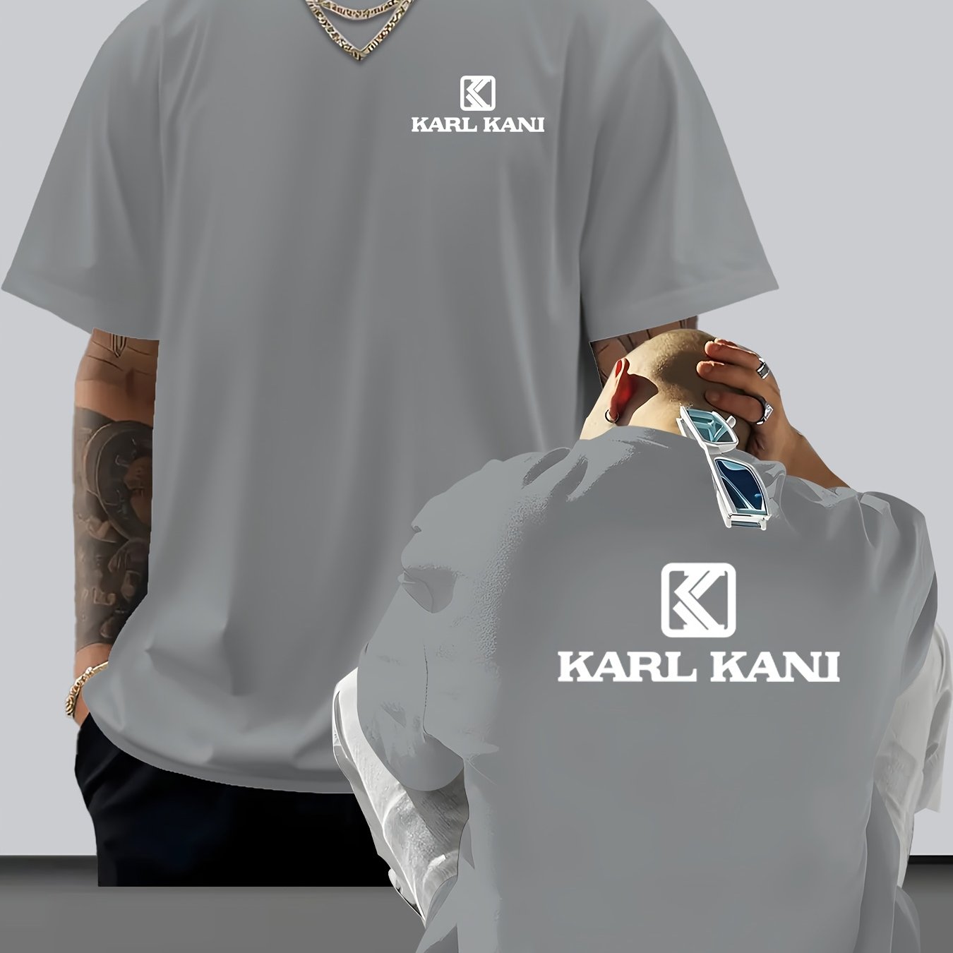 Men'S Casual Crew Neck T-Shirt with "KARL KANI" Graphic - Breathable, Moisture-Wicking, Short Sleeve, Regular Fit, Geometric Pattern, Ideal for Home & Outdoor Activities, All-Season Comfort, Outdoor Clothing | Relaxed Fit Shi