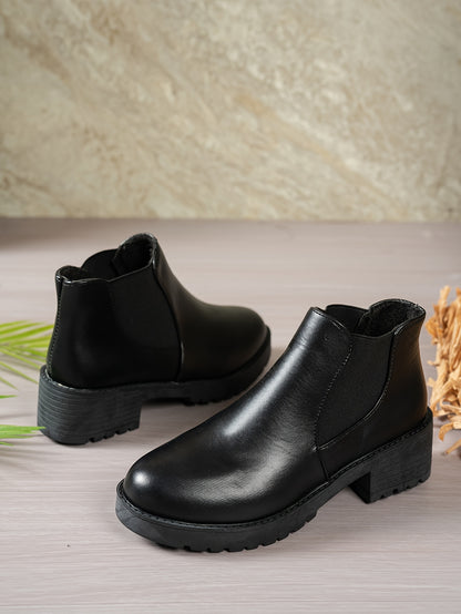 MagiMoBo Women'S Slip-On Chunky Mid-Heel Ankle Boots - Faux Cover Round Toe Platform Boots with Thick Rubber Sole, All-Season Casual Versatile Boots for Casual Attire, Comfortable Walking Boots, Durable Fabric Insole