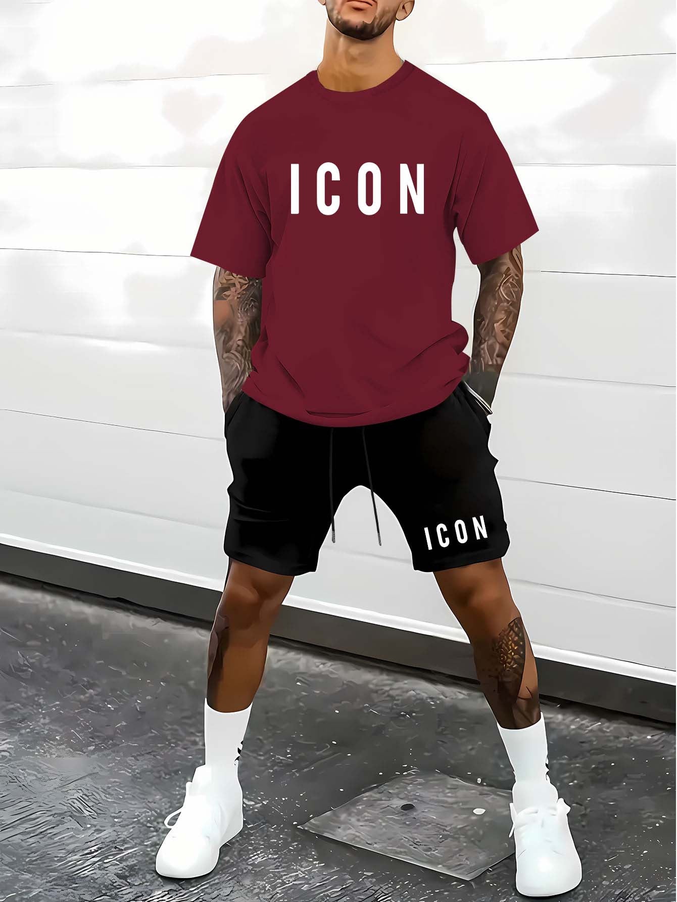 Men'S Casual Sporty Outdoor Two-Piece Set - Summer T-Shirt & Shorts with Bold "ICON" Print, Geometric Pattern, Regular Fit, Crew Neck, Light Blue & Black, Comfortable for Casual Attire, Leisure Clothing | Bold Print Shirt | C