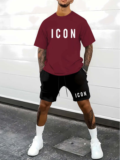 Men'S Casual Sporty Outdoor Two-Piece Set - Summer T-Shirt & Shorts with Bold "ICON" Print, Geometric Pattern, Regular Fit, Crew Neck, Light Blue & Black, Comfortable for Casual Attire, Leisure Clothing | Bold Print Shirt | C