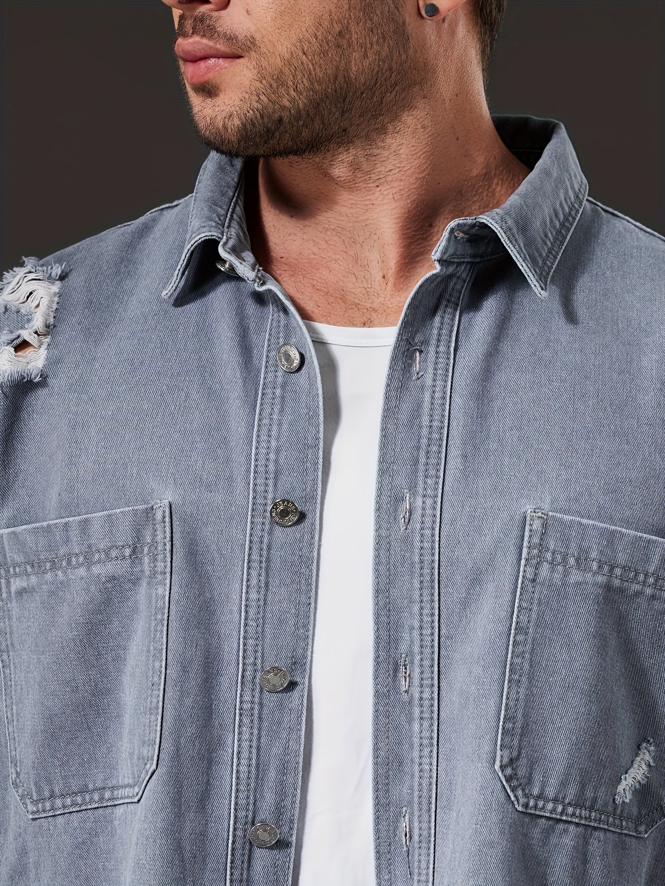 Men'S Casual Denim Shirt - Washed Distressed Blue, Button-Up with Chest Pockets, Non-Stretch Fabric, Regular Fit for Casual Attire, Casual Attire Shirt | Distressed Denim Shirt | Nonstretch Fabric, Plus Size
