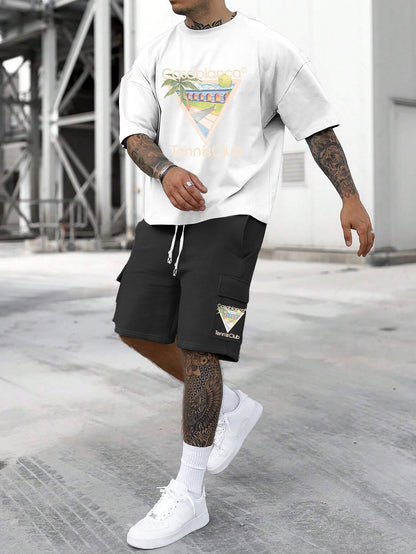New Loose Fit Breathable Men's Crew Neck Short Sleeve T-Shirt and Workwear Style Multi-Pocket Shorts Set, Summer Casual Sportswear Two-Piece Outfit, Stylish Versatile Top and Pants for Both Men and Women