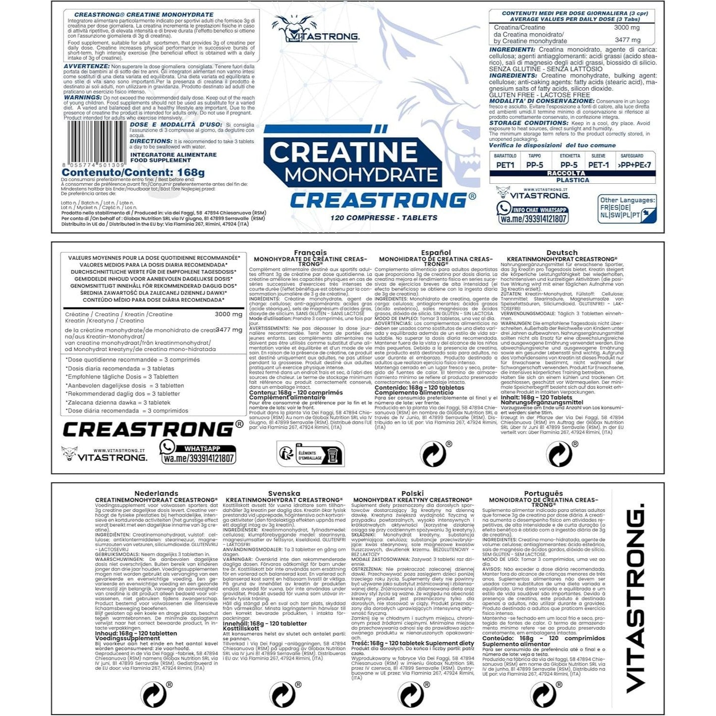 Creatine Monohydrate CreaStrong, 120 Creatine Tablets for Pre-Workout, Intra-Workout, and Post-Workout, Alternative to Creatine Capsules, Creatine Gummies, Creatine Powder, Vitastrong Creatine Tablets
