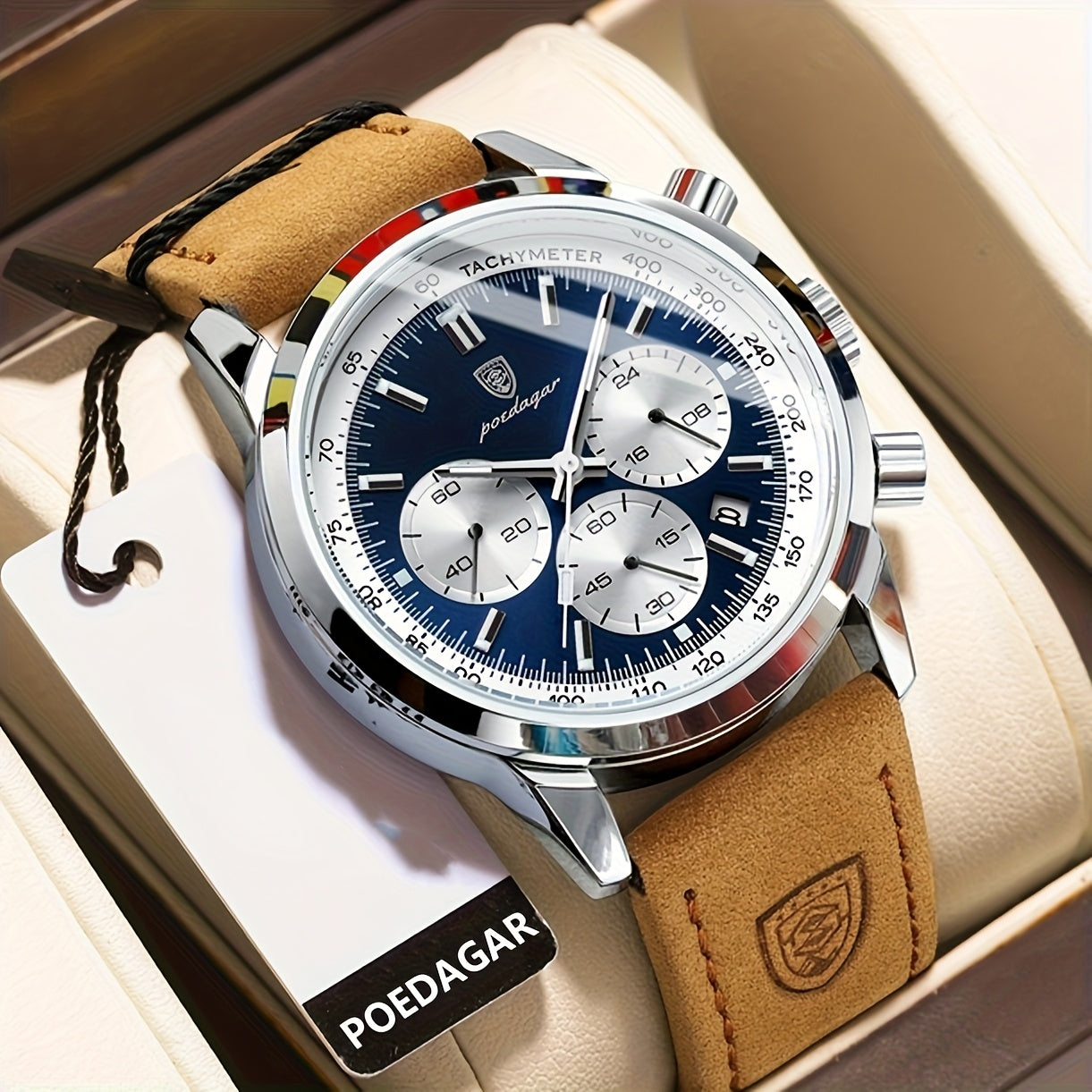 POEDAGAR Men's Luxury Chronograph Watch with Luminous Dial, High Quality 30m, Quartz Movement, Date Display & Brown Faux Leather Strap - Casual & Formal Wristwatch