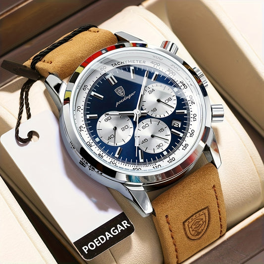 POEDAGAR Men's Luxury Chronograph Watch with Luminous Dial, High Quality 30m, Quartz Movement, Date Display & Brown Faux Leather Strap - Casual & Formal Wristwatch