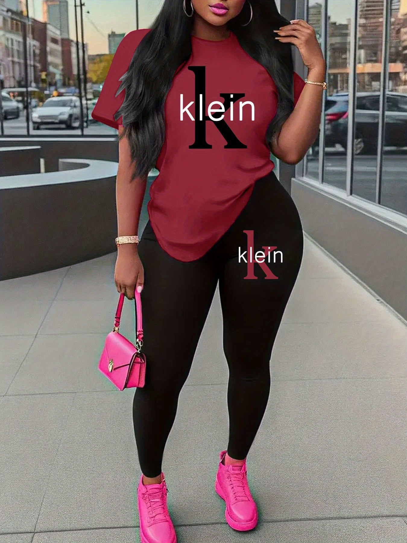 Women'S "Klein" Print Short Sleeve T-Shirt & Black Pants Two-Piece Set - Casual, Stretchy Fabric, Pink & Black Design, Spring/Summer Casual Wear, Casual Attire|Graphic Tee|Stretchy
