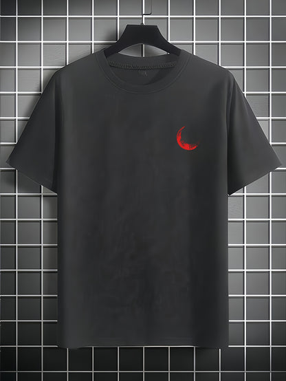 Men's Graphic Print Short Sleeve T-Shirt - Black Relaxed Fit Casual Round Neck, Durable Polyester Fabric, Machine Washable Summer Outdoor Top, Moon And Trees Design | Lightweight Clothing