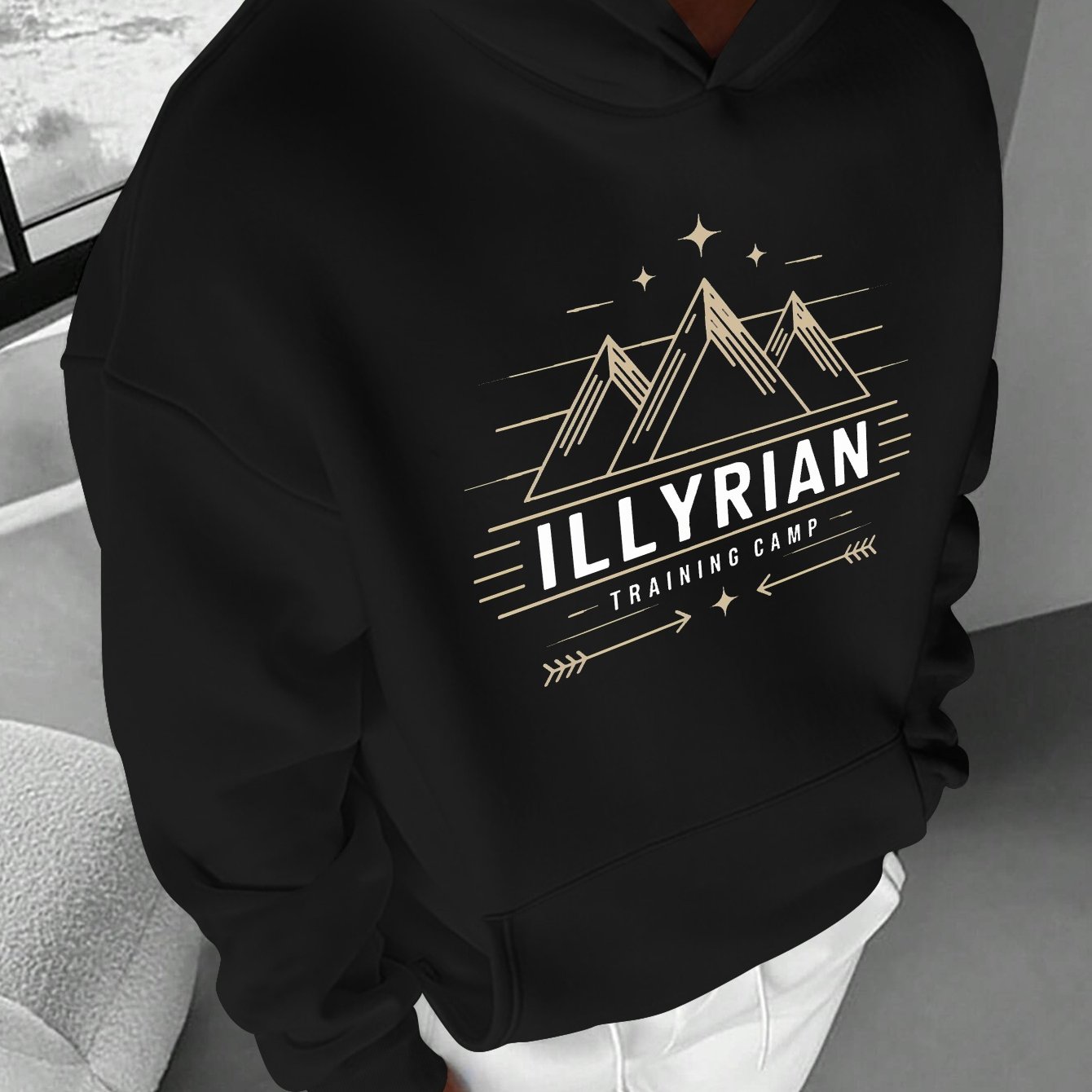 Men's ILLYRIAN TRAINING CAMP Hoodie - Cozy Fleece Sweatshirt with Mountain & Stars Print, Green Casual Pullover for Fall/Winter, Loose Fit, Machine Washable