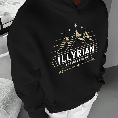 Men's ILLYRIAN TRAINING CAMP Hoodie - Cozy Fleece Sweatshirt with Mountain & Stars Print, Green Casual Pullover for Fall/Winter, Loose Fit, Machine Washable