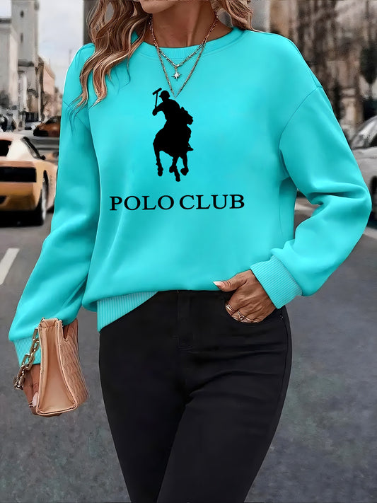 Women'S Light Blue "POLO CLUB" Graphic Sweatshirt - Cozy Fleece-Lined Crew Neck, Long Sleeve Pullover for Fall & Winter, Perfect for Home, Parties, and Travel, Casual Wear|Graphic Crewneck|Fleece Lined Sweatshirt