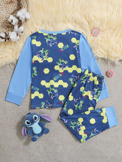 Disney Stitch Print Long Sleeve and Pants Set, Comfortable Flame-Retardant Polyester - Spring/Summer New Stylish Boys' Loungewear - Round Neck, Stretch Fabric, Perfect Birthday Gift, Light Beige-Friendly Kids' Home Outfit