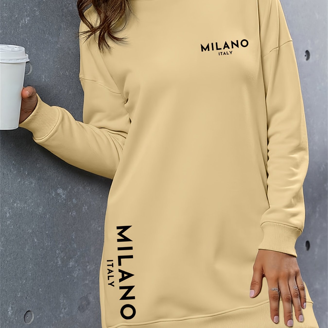 Milano Women'S Casual Hooded Sweatshirt Dress - Long Sleeve, Loose Fit, Thickened Letter Print Pullover with Round Neck, Perfect for Fall/Winter Fashion, Casual Wear Dress | Trendy Casual Style | Comfortable Wear
