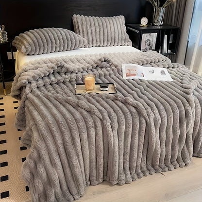 Warm and comfortable flannel drawstring blanket, imitation rabbit fur blanket, soft and warm sofa blanket, suitable for napping, office, outdoor camping, sofa nap blanket, versatile striped pattern gift blanket for all season