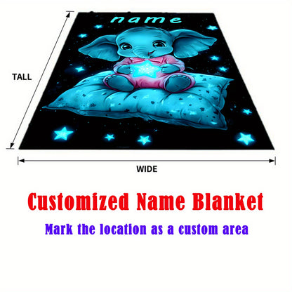 [Whimsical Charm] Personalized Name Starry Night Elephant Blanket – Soft Flannel, Lightweight & Warm – Cute Youngsters Elephant Design with Glowing Stars – Perfect for Sofa, Bed, Travel, Camping, and Gifting – 80.01x1