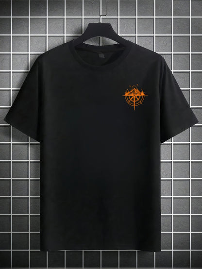 Men's Short Sleeve T-Shirt 100% Polyester Loose Fit Casual Round Neck Navy Blue with Golden Compass Rose Mountain Print - Summer Outdoor Adventure Graphic Tee, Modern Casual Top | Easy Care Clothing