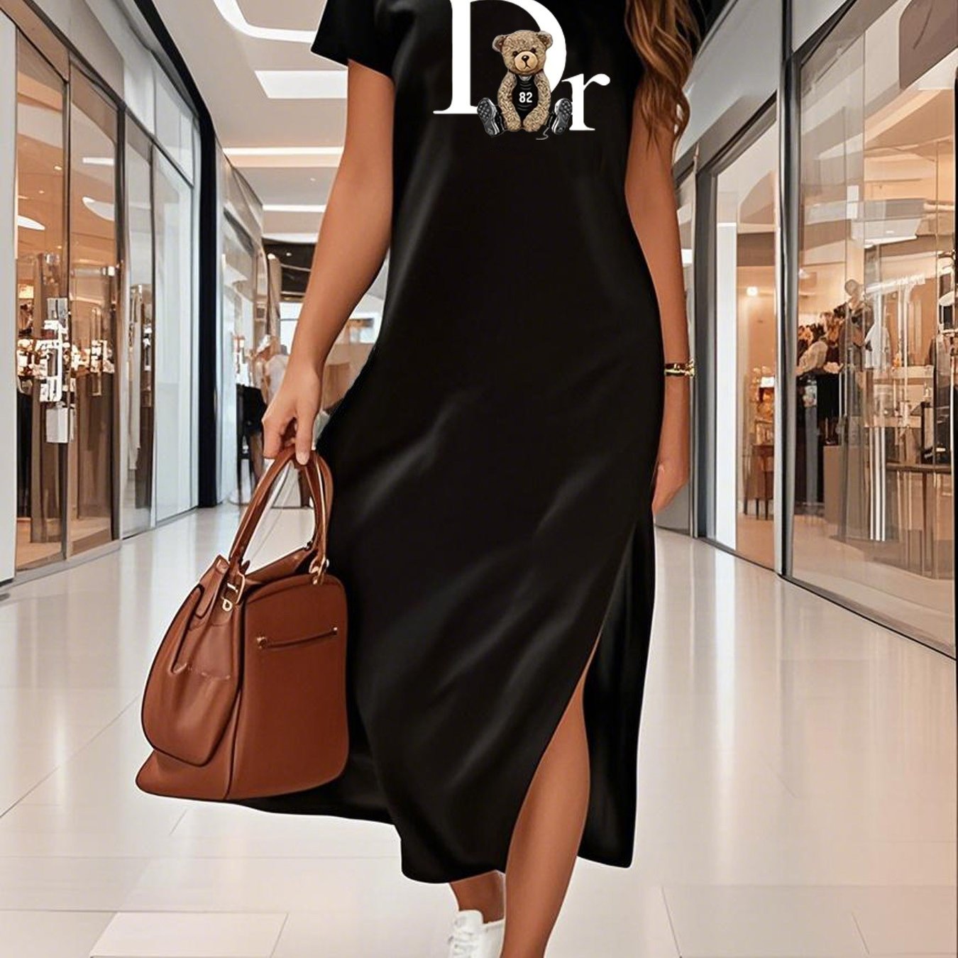 Women's Elegant Black DR Letter Print maxi dress - Side Slit Formal & Casual evening gown, Machine Washable for Parties, Office, Everyday Outfits - Spring/Fall/Summer Long Dress, Elegant Evening Dresses, Party Dress, Trendy F