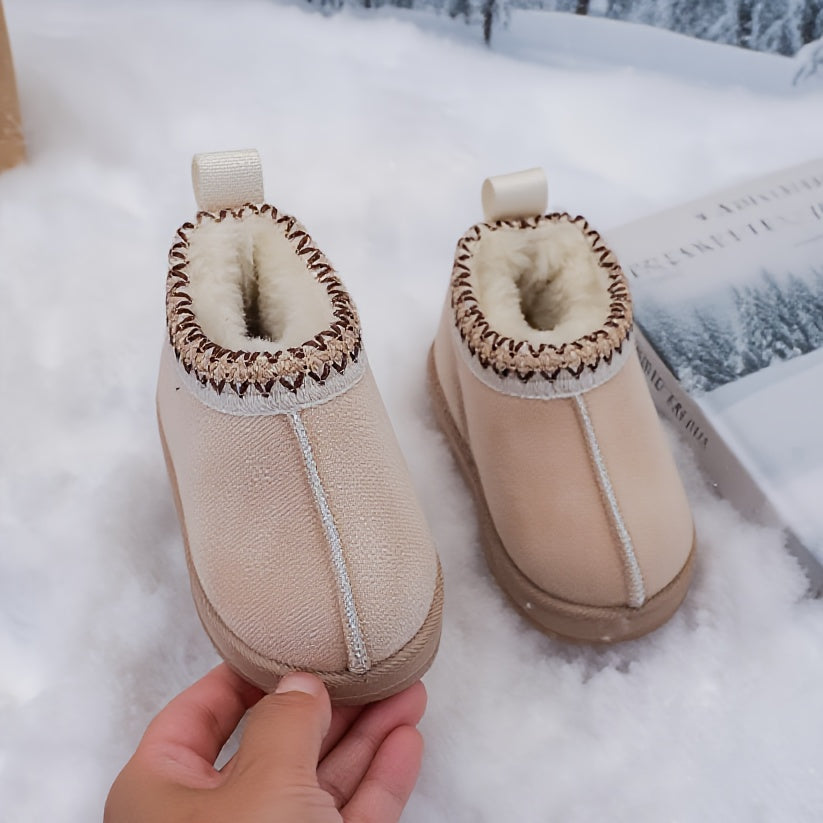 Girls' Winter Snow Boots with Plush Faux Fur Collar & Non-Slip Rubber Sole - Soft Fabric Upper, Mid-Calf Height, Round Toe Design for Outdoor Hiking, Casual Wear - Cozy Warm Slip-On Boots for Youngsters & Youngsters (Autumn/W
