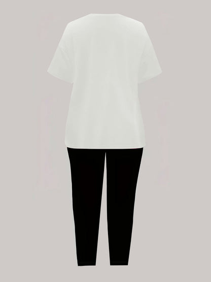 Women'S "Klein" Print Short Sleeve T-Shirt & Black Pants Two-Piece Set - Casual, Stretchy Fabric, Pink & Black Design, Spring/Summer Casual Wear, Casual Attire|Graphic Tee|Stretchy
