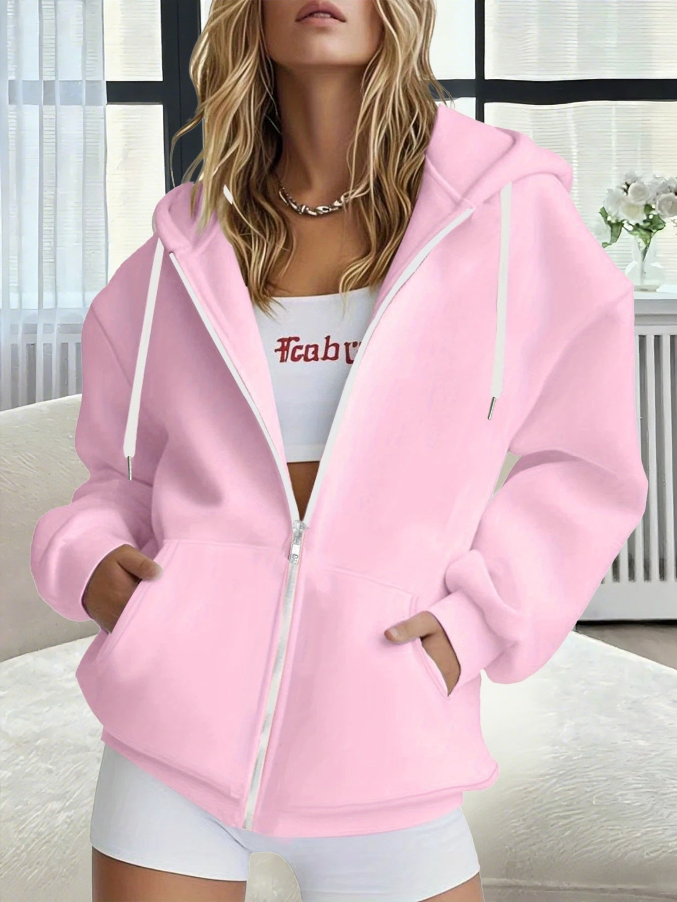 1pc Women'S Pink Hoodie with "ICON" Letter Print - Cozy Long-Sleeve Zip-Up Sweatshirt, Machine Washable, Casual Fall/Winter Pullover with Pockets, Casual Winter Wear | Trendy Casual Hoodie | Machine Washable Fabric