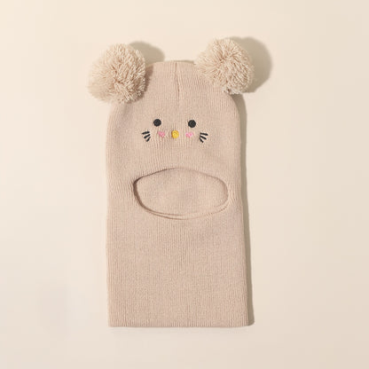 Knit Balaclava Beanie and Neck Warmer hat,cat Embroidery, Stretch Fit, Suitable for 0-3 Years Old, Daily and Casual Wear, Birthday, Holiday Party, Autumn and Winter, Christmas, Halloween