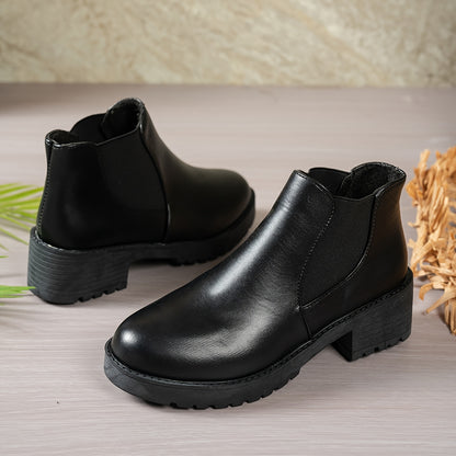 MagiMoBo Women'S Slip-On Chunky Mid-Heel Ankle Boots - Faux Cover Round Toe Platform Boots with Thick Rubber Sole, All-Season Casual Versatile Boots for Casual Attire, Comfortable Walking Boots, Durable Fabric Insole