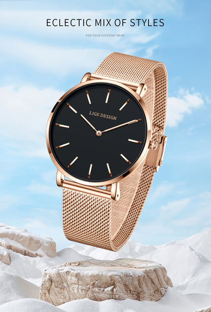 LIGE Women'S Ultra-Thin Quartz Watch with Rose Golden Mesh Strap - Elegant Blue Dial, Minimalist Design, Perfect Gift for Mother'S Day, Christmas, Thanksgiving, Christmas Accessory | Minimalist Watch | Quartz Movement