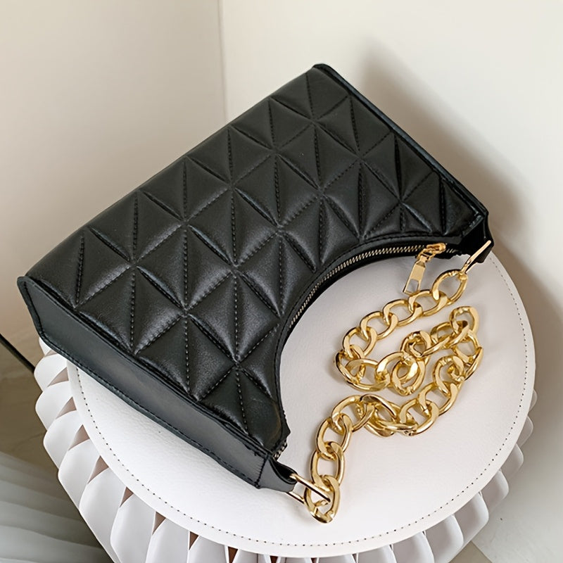 Women's Lightweight Shoulder Bag - Glossy Black Handbag with Golden Chain Strap, Zip Closure, Elegant Everyday & Formal Purse for Women, Parties, Travel, Office - Luxury Chain Strap & Zipper Closure, Party Accessory, Modern S