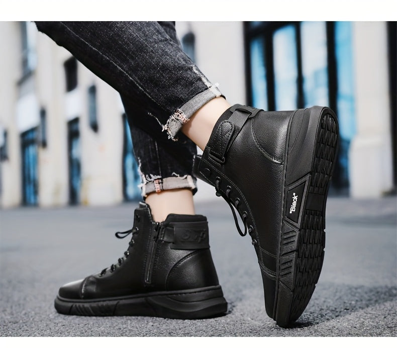 Men'S High-Top Ankle Boots - Genuine Upper, Lace-Up Closure, Durable PVC Sole, All-Season Versatile for Hiking, Casual & Outdoor Wear - Modern Streetwear Design, Hiking Boots, Sleek Boot Design