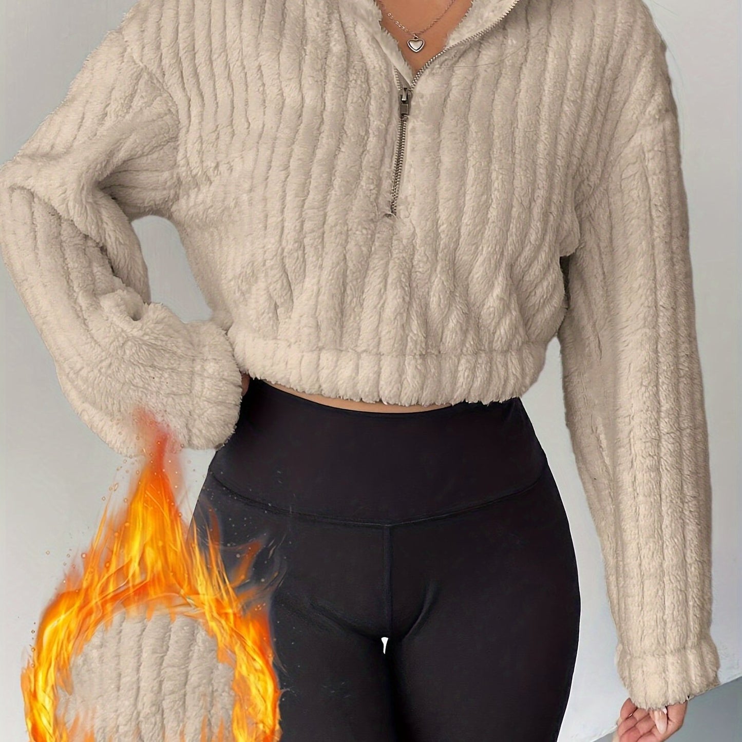 Women's Elegant Off-Shoulder Half-Zip Fleece Sweatshirt - Cozy Warm Crop Top with Ribbed Detail, Long Sleeves for Fall & Winter, Beige