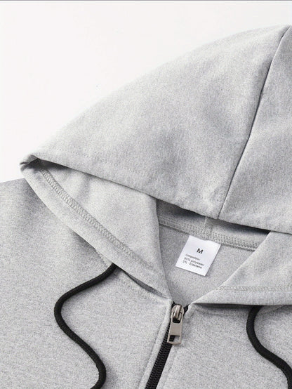 Men'S Casual Hooded Jacket with "RAW" Graphic Print - Light Gray Zip-Up Coat, Polyester Lining, Regular Fit, Front Pockets, Casual Outerwear | Trendy Casual Jacket | Polyester Lined Interior
