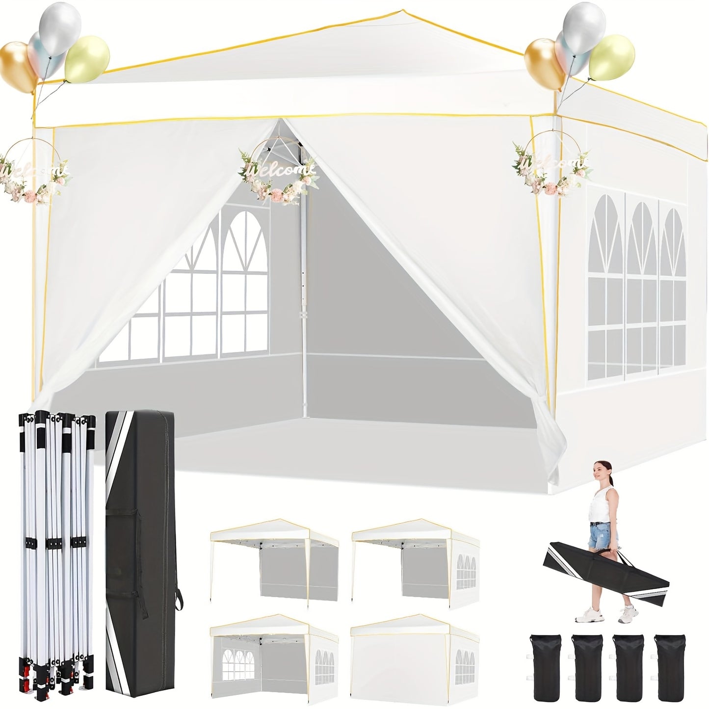 3x6m/3.05x3.05m Pop-up Tent With 6 Removable Side Walls Or 4 Removable Side Walls, With/without Sandbags, Style Optional, Suitable For Party Weddings, Garden Pavilion For Beach Wedding Camping Instant Awning, Upgraded Roof, W