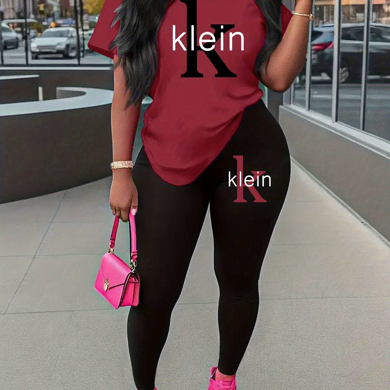 Women'S "Klein" Print Short Sleeve T-Shirt & Black Pants Two-Piece Set - Casual, Stretchy Fabric, Pink & Black Design, Spring/Summer Casual Wear, Casual Attire|Graphic Tee|Stretchy