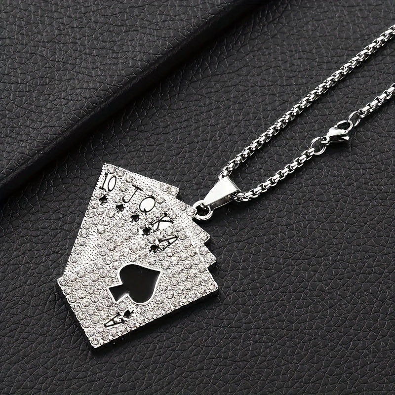 1Pc Sparkling Hip Hop Style Poker Card Pendant Necklace For Men- A Unique Jewelry Accessory