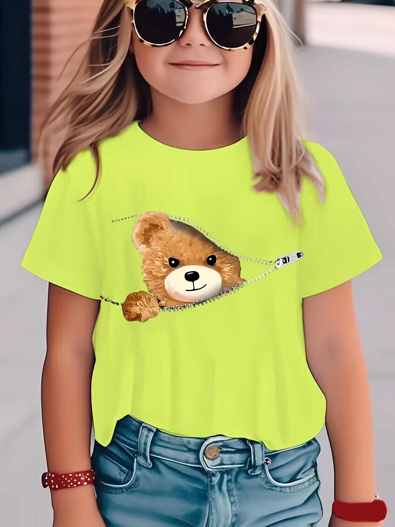Girls' White Short Sleeve T-Shirt with Neon Green Cartoon Bear Zipper Pocket Design - Cute Streetwear Top for Spring Summer Fall, Soft Knit Round Neck Casual Playwear, Shirts for Girls, Playful Outfit, Comfortable Fit, Durabl