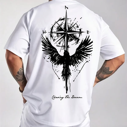Men'S Summer Short Sleeve T-Shirt with Bold Eagle & Compass Print - Light Blue Casual Round Neck Tee, Comfortable Stretch Fabric for Casual Attire, Everyday Tshirt | Bold Graphic Tee | Comfortable Fit