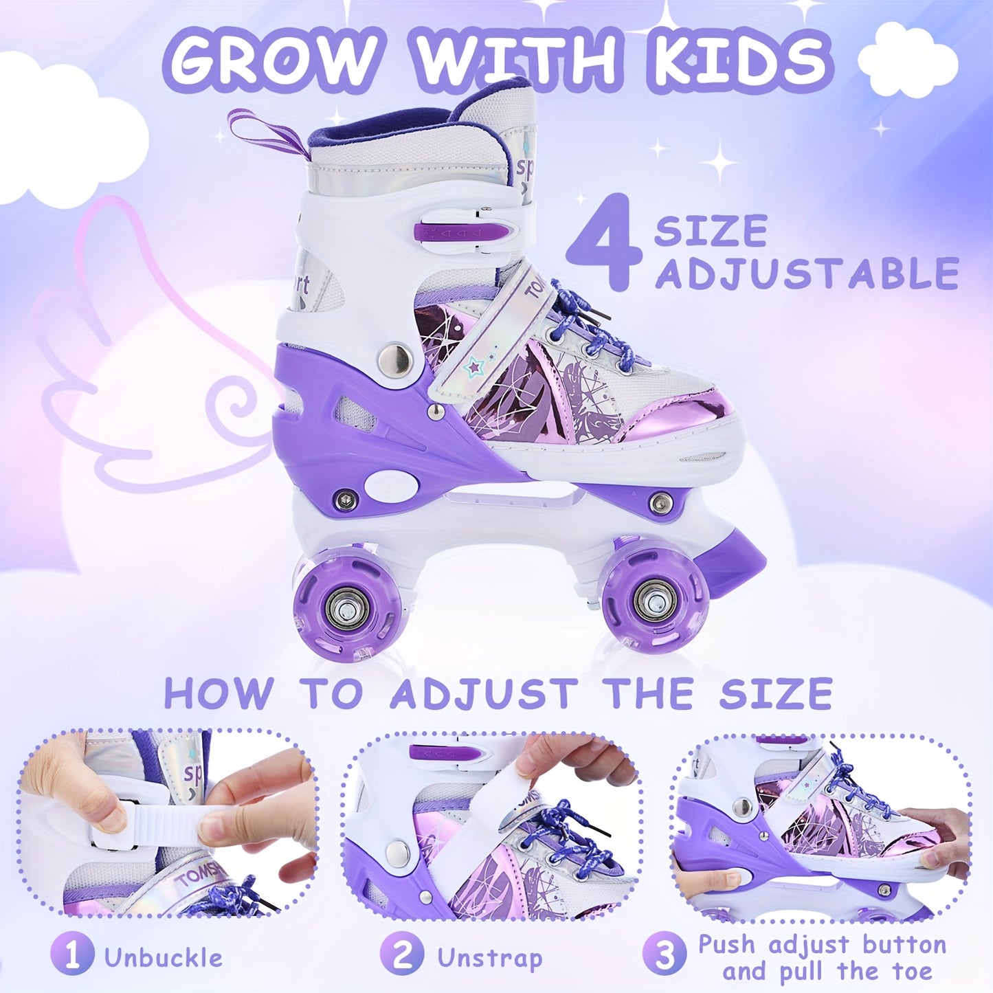 Lixada Adjustable Roller Skates, Non-Slip Wheels, Lightweight Design For Beginners & Training, Purple & White, Size M, EU 32-36