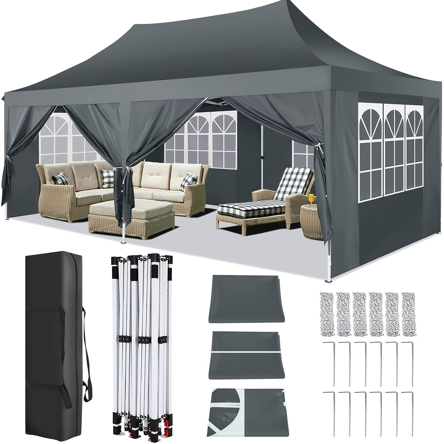 3x6m/3.05x3.05m Pop-up Tent With 6 Removable Side Walls Or 4 Removable Side Walls, With/without Sandbags, Style Optional, Suitable For Party Weddings, Garden Pavilion For Beach Wedding Camping Instant Awning, Upgraded Roof, W