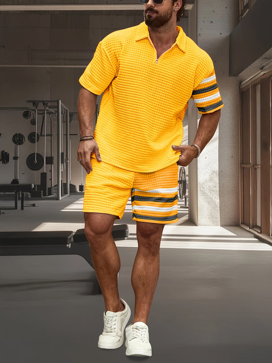 Men'S Sporty Casual Polo Shirt & Shorts Set - Quick-Dry, Breathable, Digital Red Stripe Design, Short Sleeve, Polyester Blend, Ideal for Spring/Fall Workouts, Casual Attire|Striped Shorts|Polyester Blen