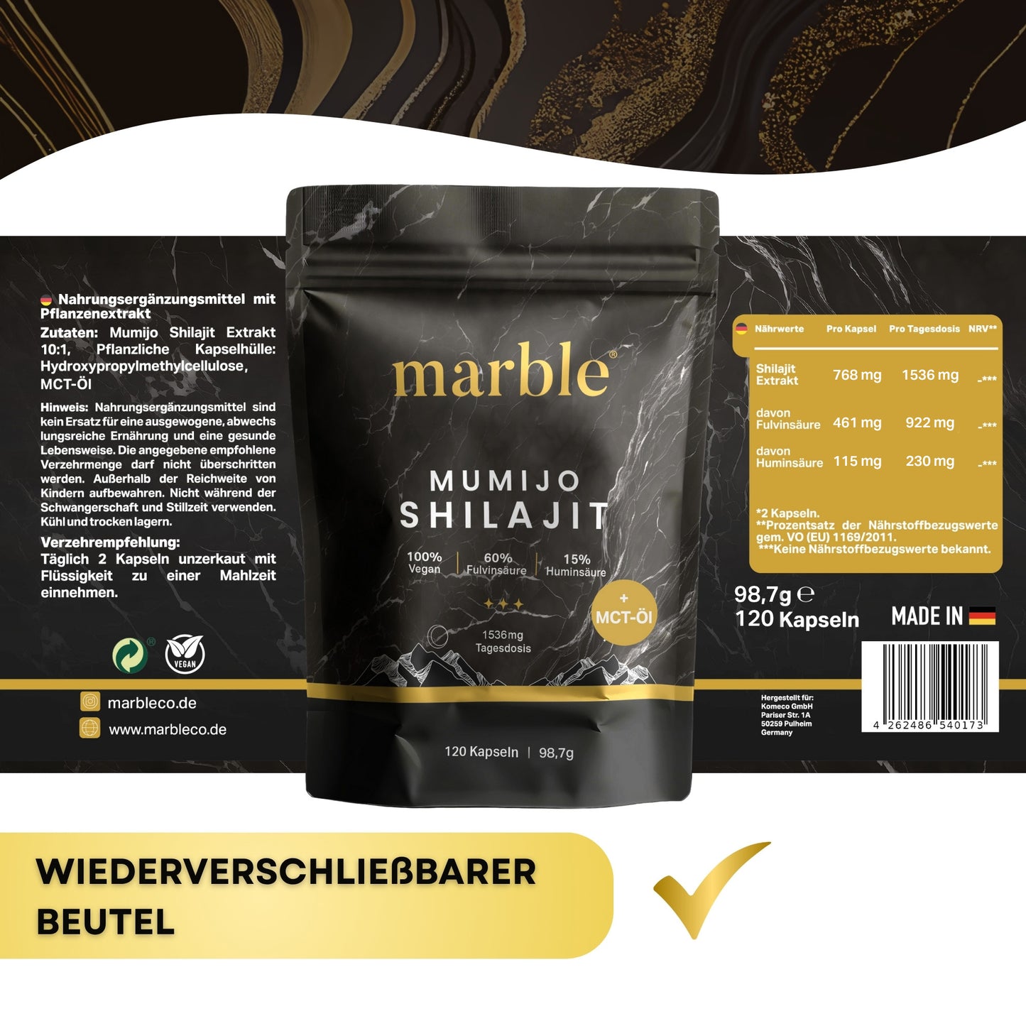 Marble Shilajit Original Himalaya Capsules with MCT Oil - Mumijo Shilajit 120pcs Ultra High-Dose in a Bag - 1536 Mg Daily Dose Vegan - Filled And Laboratory-Tested in Germany - Made in Germany