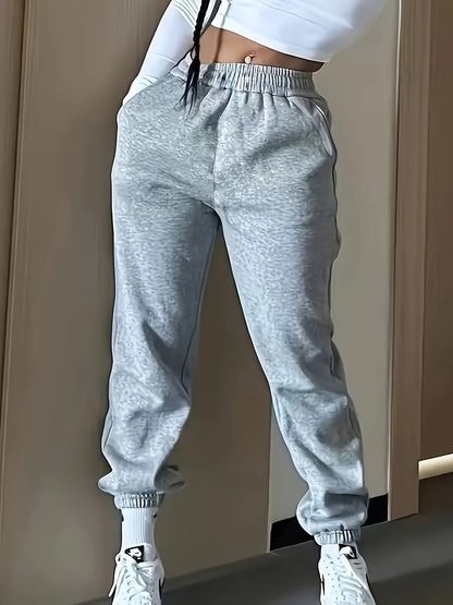 High-Waisted Elastic Jogger Pants for Women - 100% Polyester Casual Style Solid Color Trousers for Spring/Summer/Fall